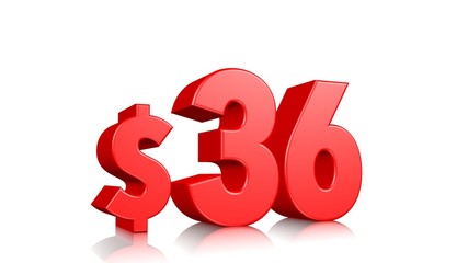 36$ price symbol. red text 3d  render with dollar sign on white background
