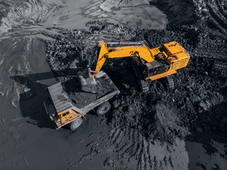Open pit mine, extractive industry for coal, top view aerial drone