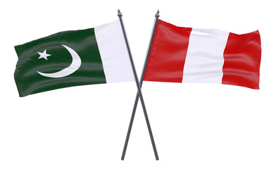 Pakistan and Peru, two crossed flags isolated on white background. 3d image