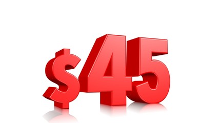 45% Red Forty-five percent on a white background. 3d render illustration.