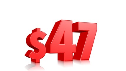 47$ price symbol. red text 3d  render with dollar sign on white background