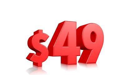 49$ price symbol. red text 3d  render with dollar sign on white background