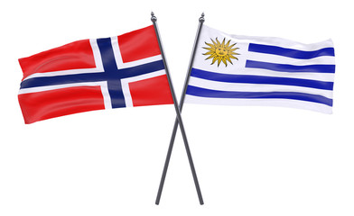 Norway and Uruguay, two crossed flags isolated on white background. 3d image