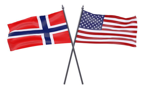 Norway and USA, two crossed flags isolated on white background. 3d image