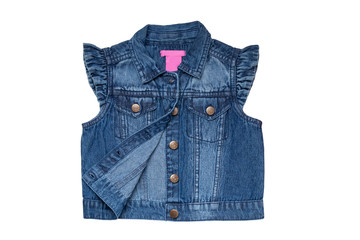Jeans vests fashion. Sleeveless blue jeans vest or jacket for the little girl isolated on a white background. Top view front.