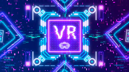 Virtual reality symbol on neon digital background. VR technology sign