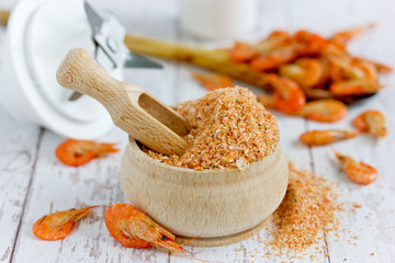 Shrimp powder, prawn powder - homemade spicy seasoning from dried and crushed shrimp shells for fish dishes