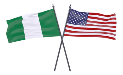 Nigeria and USA, two crossed flags isolated on white background. 3d image