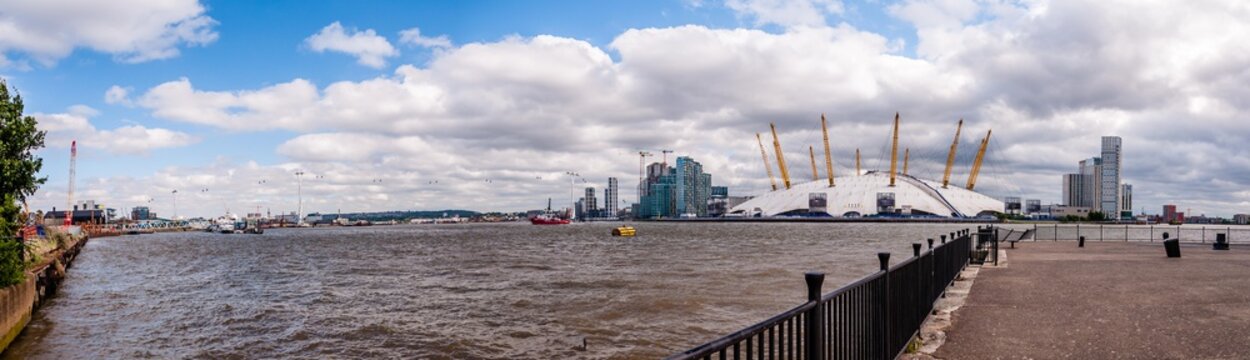 The O2 and the docks pictured the from East India Dock basin.The O2 is a large entertainment district on the Greenwich Peninsula in South East London