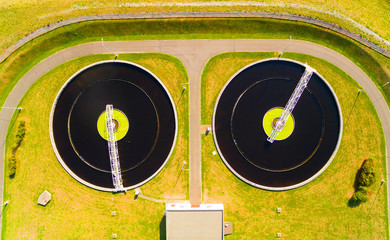 Aerial view to sewage treatment plant. Grey water recycling. Waste management in European Union.