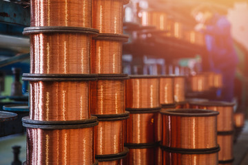 Production of copper wire, bronze cable in reels at factory