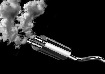car pipe exhaust fumes and smoke isolated over black background. Concept of pollution of the environment caused by automobiles
