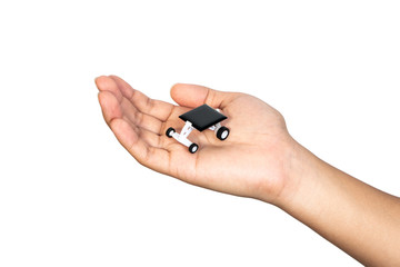 Innovation technology ecosystem toy car solar cell on hand isolated on white background for clean energy power concept. Small solar cell powered car toy for future energy.