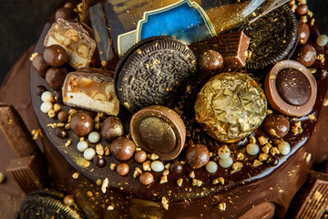 top view closeup of two layers chocolate cake decoration