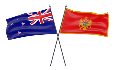 New Zealand and Montenegro, two crossed flags isolated on white background. 3d image