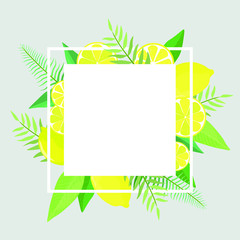 Vector illustration. Square frame decorated with lemons, lemon slices, green leaves and branches. Gray background.