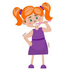 A girl with red hair brushing her teeth with a toothbrush