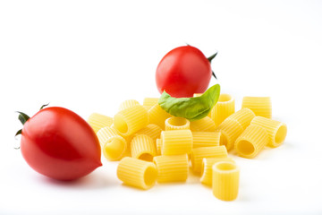 Raw pasta on white surface