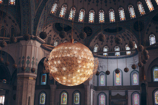 Ankara, Turkey - March 3, 2019:  Inside view of beautiful Kocatepe Mosque, the largest mosque in Ankar