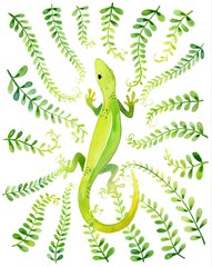 watercolor illustration  of green geckos ang foliage isolated on white background 