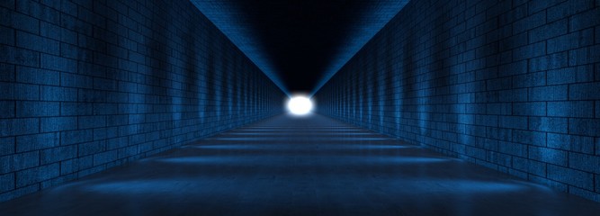 Obraz premium 3d rendering ciemny tunel z błękitnymi światłami i odbiciem