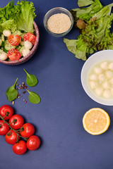 fresh vegetables and a bowl of salad with mozzarella on a blue background.  Caprese salad . Lettuce, cherry tomatoes, mozzarella, 