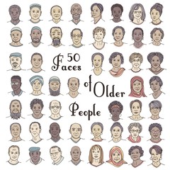 Set of fifty hand drawn faces of older people, diverse portraits of women and men 50+, senior citizens of different ethnicities - 261350663