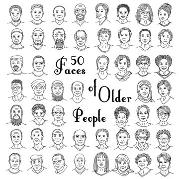 Set of fifty hand drawn faces of older people, diverse portraits of women and men 50+, senior citizens of different ethnicities