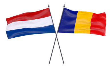 Fototapeta na wymiar Netherlands and Romania, two crossed flags isolated on white background. 3d image
