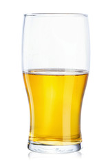 half a glass of beer on a white background