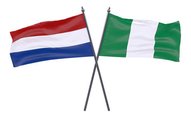 Netherlands and Nigeria, two crossed flags isolated on white background. 3d image