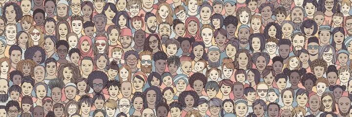 Diverse crowd of people: kids, teens, adults and seniors - seamless banner of hand drawn faces of various age groups and ethnicities - 261350882
