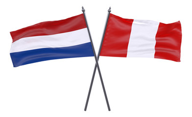 Obraz na płótnie Canvas Netherlands and Peru, two crossed flags isolated on white background. 3d image