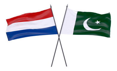 Netherlands and Pakistan, two crossed flags isolated on white background. 3d image