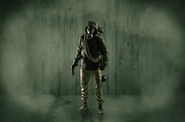 Dreadful dangerous man with wood, shanty wallpaper and fume around
