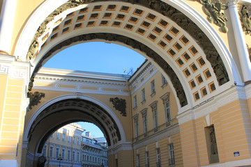 General staff building monumental architecture close up detailed view on Palace Square in St. Petersburg, Russia