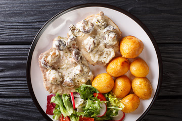 Delicious pork tenderloin in a creamy cheese sauce with mushrooms, new potatoes and fresh vegetable salad close-up. Horizontal top view
