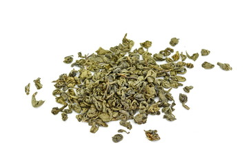 Dry green tea isolated on white background.