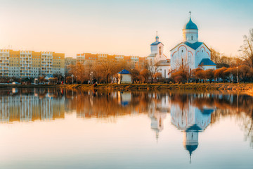 Fototapeta na wymiar St. Alexander Nevsky Church in Gomel, Homiel Belarus. Church At Sunset Or Sunrise