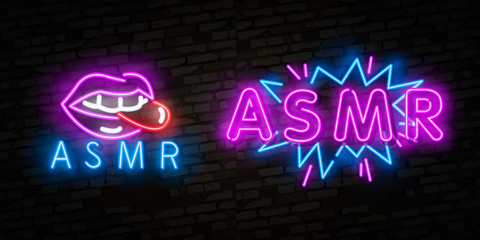 ASMR Neon Vector Text. Autonomous sensory meridian response neon sign, design template, modern trend design, night neon signboard, night bright advertising. Vector. Editing text neon sign