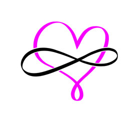 Infinity symbol. Love forever element. Handdrawn logo. Pink black illustration. Wedding invitation card. Romantic endless card.