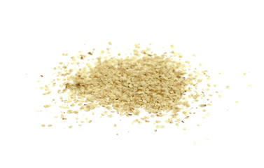 Wheat germ, the highly nutritious heart of the wheat kernel isolated on white. Wheat germ pile isolated on white background.
