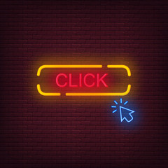 Obraz premium Neon Click button with arrow cursor. Vector illustration
