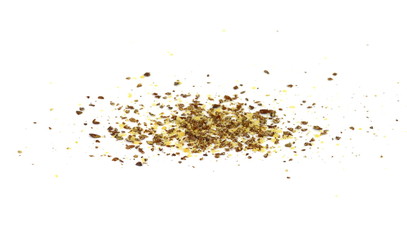 Ground or crushed brown flax seed or linseed isolated on white.