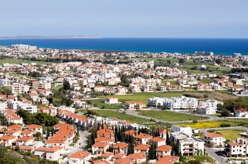 Landscape from a hill looking Voroklini village in Cyprus and blue sky