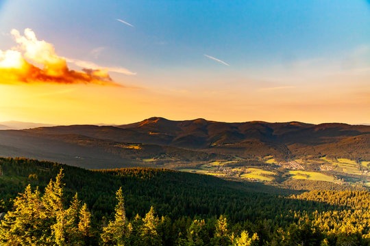 Summer landscape in National park Bayerische Wald,view from the  mountain Grosser Osser in National park  Bavarian forest, Germany. Sunset sky.