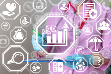 Druggist or nurse uses clipboard on virtual screen of future and sees icon: growth chart money dollar banknotes. Analytics Finance Health Insurance concept.