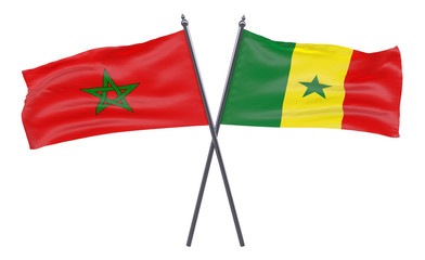 Morocco and Senegal, two crossed flags isolated on white background. 3d image