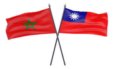 Morocco and Taiwan, two crossed flags isolated on white background. 3d image