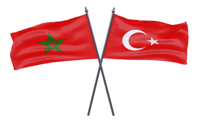 Morocco and Turkey, two crossed flags isolated on white background. 3d image